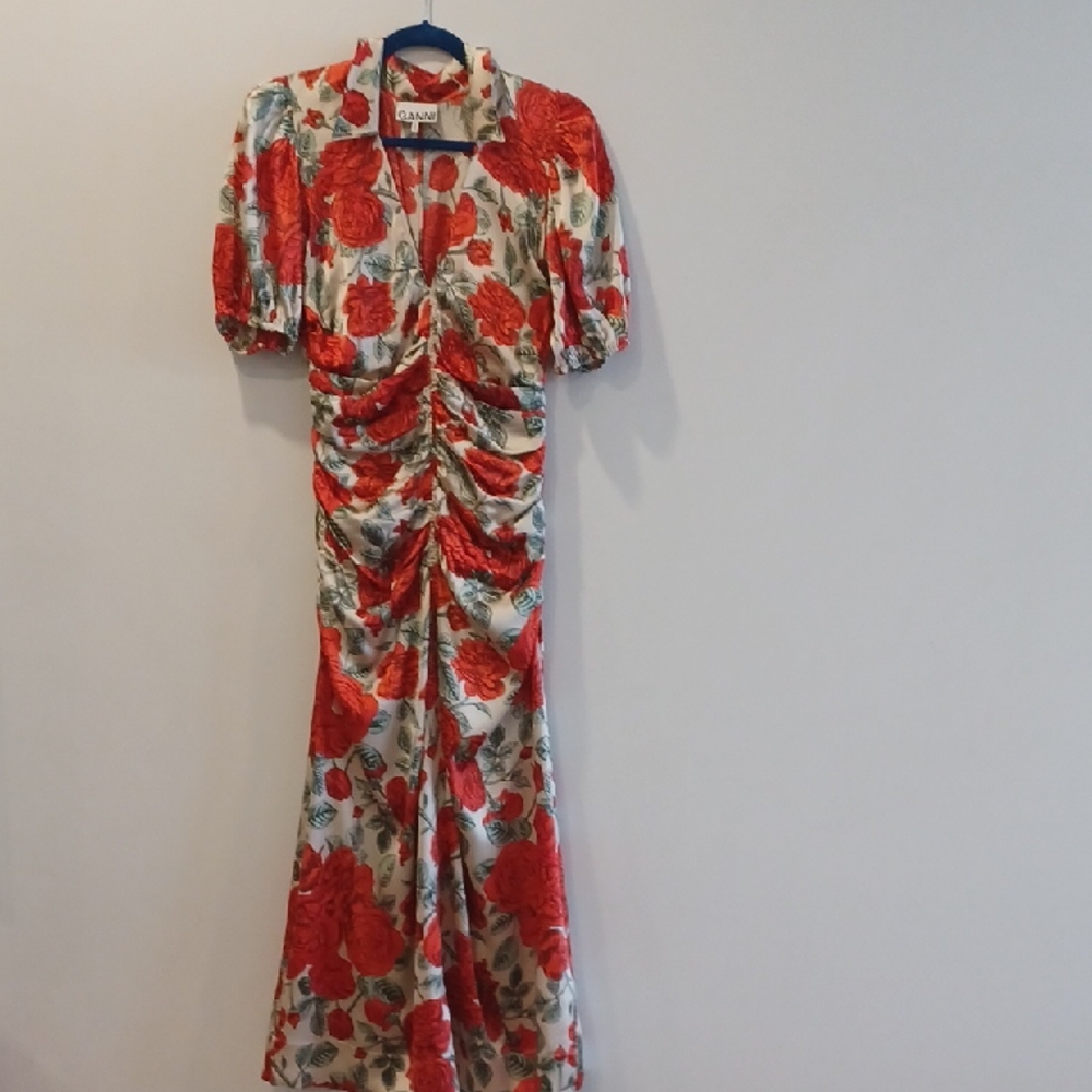 Ganni Cream Satin Maxi Dress with Bold Red Floral Print
